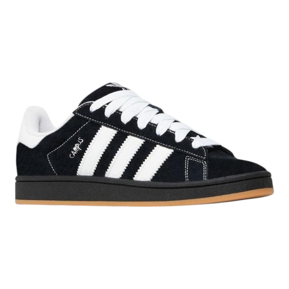 Luxurykicks.store adidas Korn x Campus 00s sneaker in black suede with white stripes and a gum rubber sole.