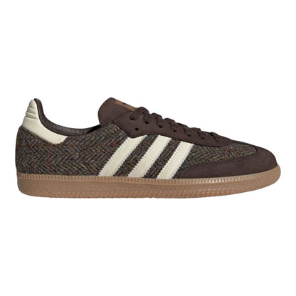 Luxurykicks.store adidas Samba OG sneakers in dark brown tweed with white stripes and a classic gum rubber sole.