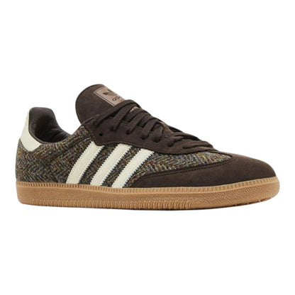 Luxurykicks.store adidas Samba OG sneaker in dark brown tweed with white stripes and a classic gum sole.