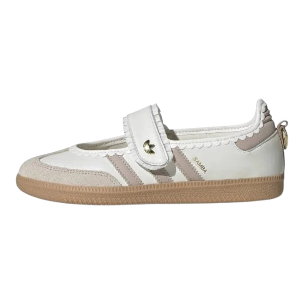 Luxurykicks.store Adidas Samba Jane Frill sneaker in white and cream with ruffle trim and hook-and-loop strap