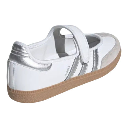 Luxurykicks.store Adidas Samba Jane sneaker in white leather with silver metallic accents and a gum rubber sole.