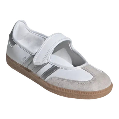 Luxurykicks.store Adidas Samba Jane sneaker in white leather with silver metallic stripes and a gum rubber sole.