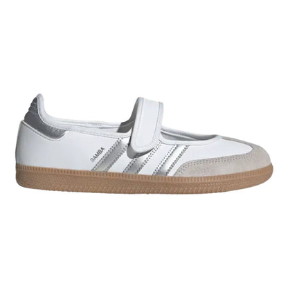 Luxurykicks.store Adidas Samba Jane sneaker in white leather with silver metallic accents and a gum rubber sole.