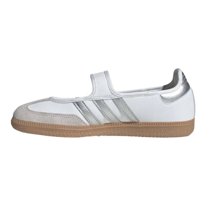 Luxurykicks.store Adidas Samba Jane sneaker in white leather with silver metallic accents and a classic gum sole.