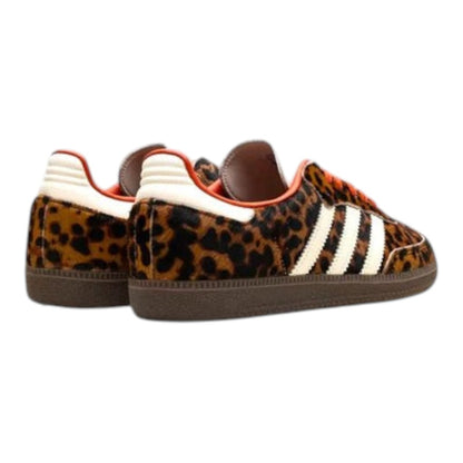 Luxurykicks.store Adidas Samba OG sneakers in preloved red leopard print suede with white stripes and gum sole