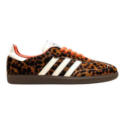 Luxurykicks.store Adidas Samba OG sneakers in preloved red leopard print with white stripes and gum sole