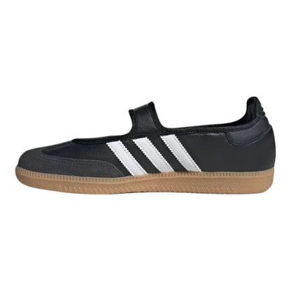 Luxurykicks.store Adidas Samba Mary Jane ballerina shoes in black leather with white stripes and gum rubber sole.