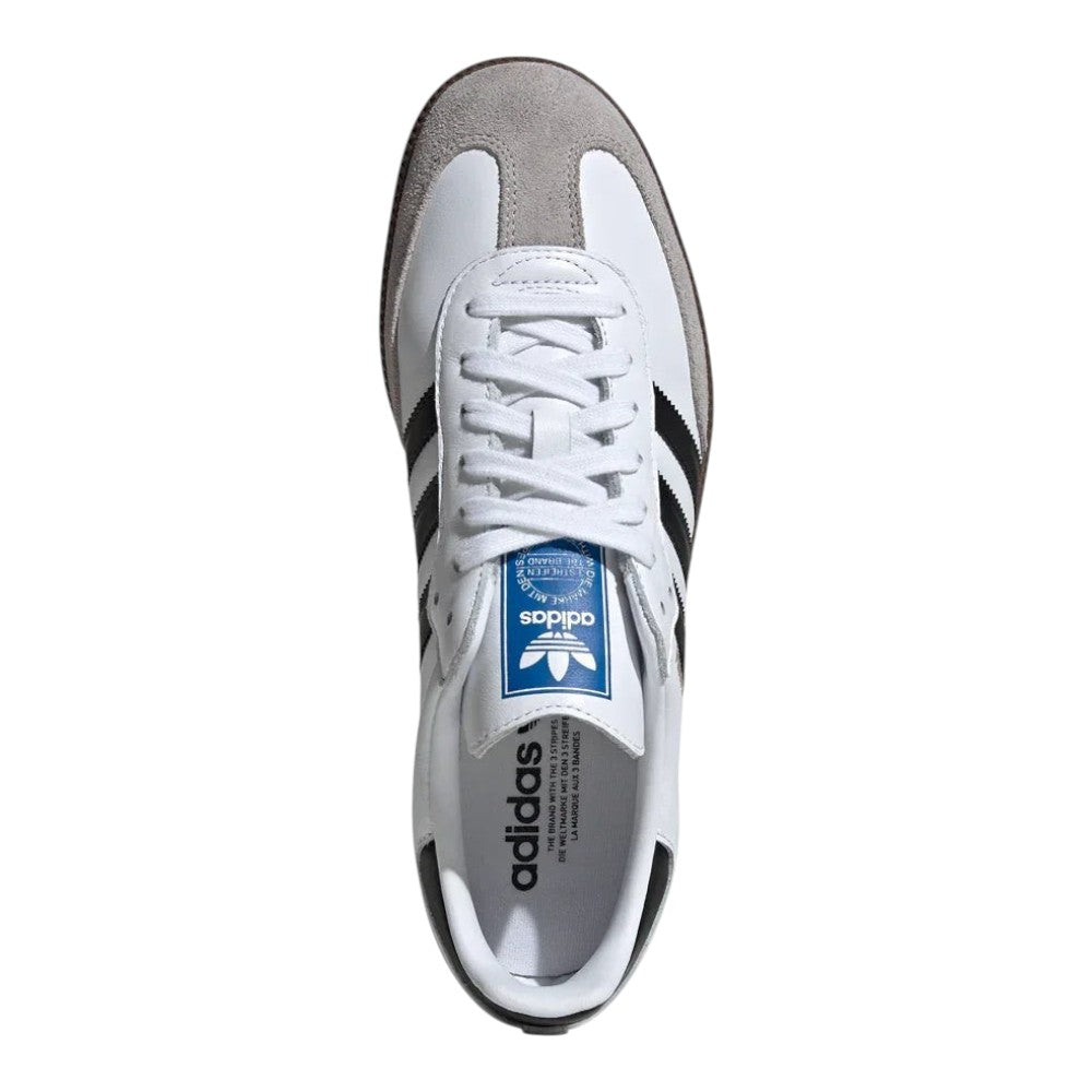 Luxurykicks.store adidas Samba OG white leather sneakers with grey suede T-toe and black 3-stripes, top-down view.