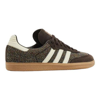 Luxurykicks.store adidas Samba OG sneakers featuring a dark brown tweed upper, white stripes, and a gum rubber sole.