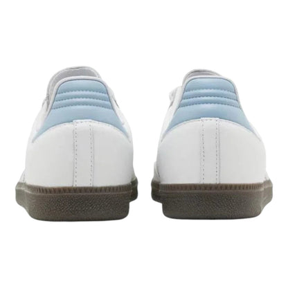 Luxurykicks.store adidas Originals Samba OG sneakers in white leather with halo blue heel tabs and gum rubber soles.