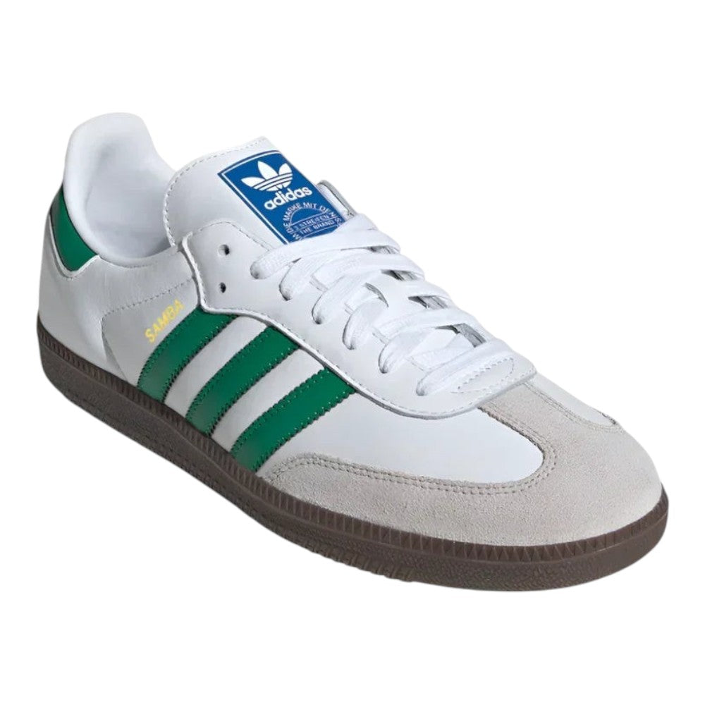 Luxurykicks.store adidas Samba OG sneakers in white leather with green stripes, suede T-toe, and gum rubber outsole.
