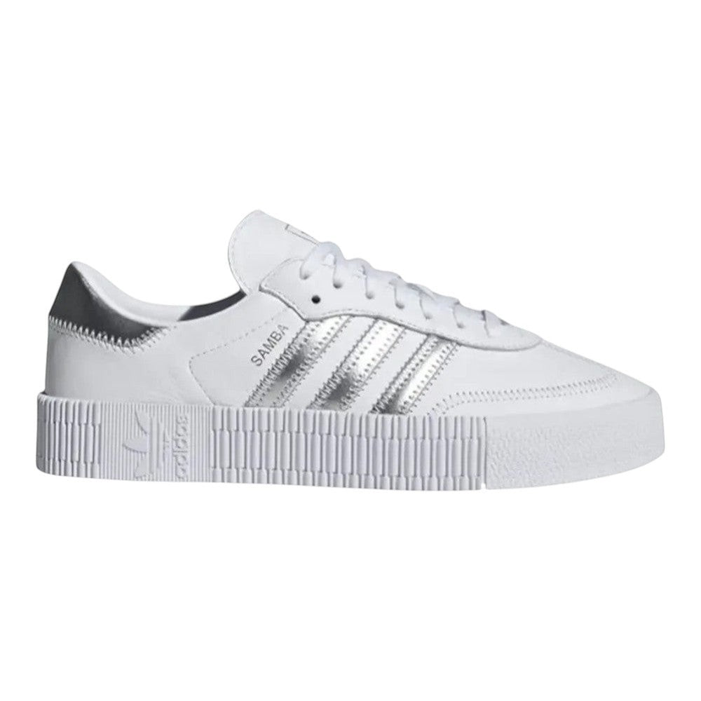 Luxurykicks.store adidas Wmns Sambarose sneaker in cloud white leather with metallic silver stripes and platform sole.