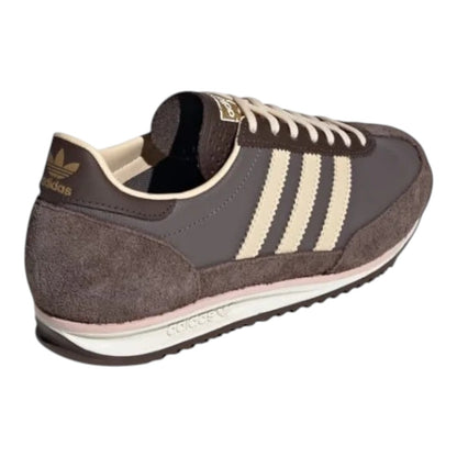 Luxurykicks.store adidas SL 72 OG sneaker in charcoal, crystal sand, and brown leather and suede, rear angle view.