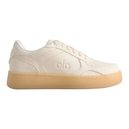 Luxurykicks.store ALO Recovery Mode sneaker in off-white textured leather with a gum rubber sole, side view.