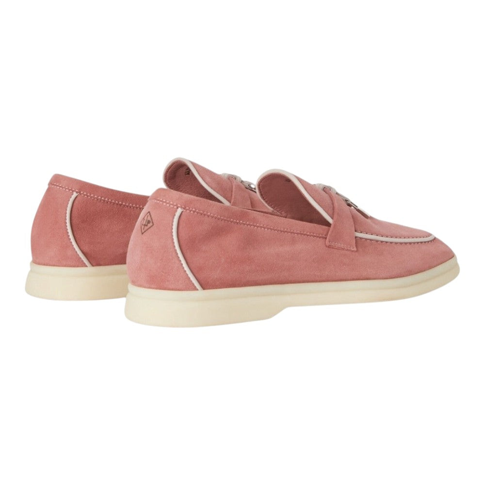 Luxurykicks.store Loro Piana Summer Charms Walk loafers in ancient blush suede with white trim and rubber soles