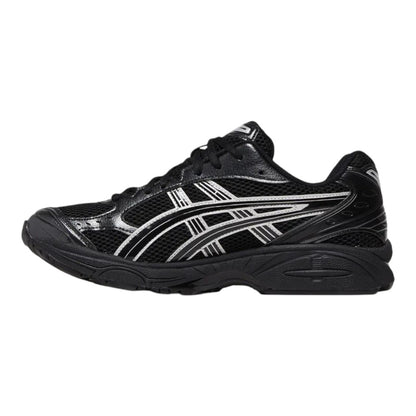 Luxurykicks.store ASICS Gel-Kayano 14 sneaker in black and silver with mesh and leather upper, side profile view.