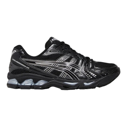 Luxurykicks.store ASICS Gel-Kayano 14 sneaker in black and pure silver with mesh and leather upper and Gel cushioning.
