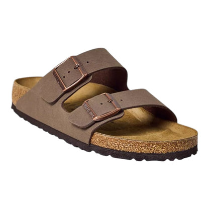 Luxurykicks.store Birkenstock Arizona brown Birko-Flor sandals with cork-latex footbed and adjustable buckles.