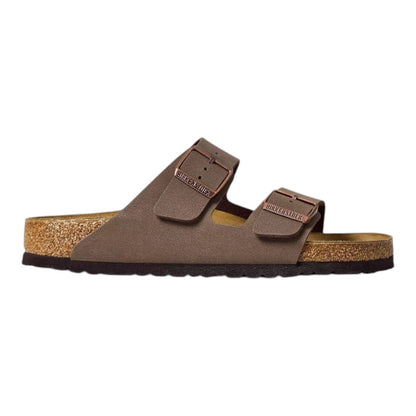 Luxurykicks.store Birkenstock Arizona brown Birko-Flor sandals with cork-latex footbed and adjustable buckles.