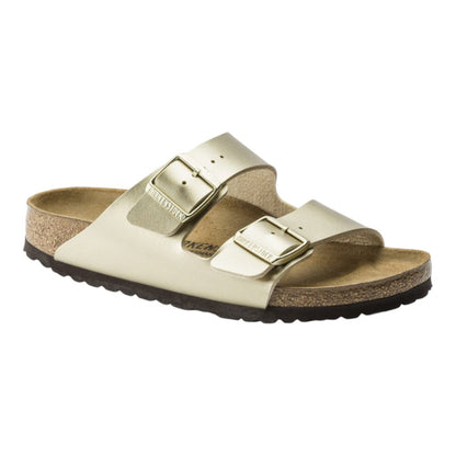 Luxurykicks.store Birkenstock Arizona sandals in metallic gold with two adjustable straps and cork footbed.