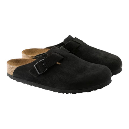 Luxurykicks.store Birkenstock Boston black suede clogs with cork footbed and adjustable buckle strap