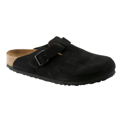 Luxurykicks.store Birkenstock Boston black suede slip-on sandals with cork footbed and adjustable buckle strap