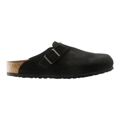 Luxurykicks.store Birkenstock Boston black suede slip-on sandals with cork footbed and adjustable buckle side view