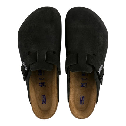 Luxurykicks.store Birkenstock Boston black suede flat sandals with cork footbeds and adjustable buckle straps