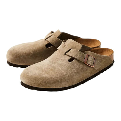 Luxurykicks.store Birkenstock Boston clogs in taupe suede with an adjustable strap and cork-latex footbed.
