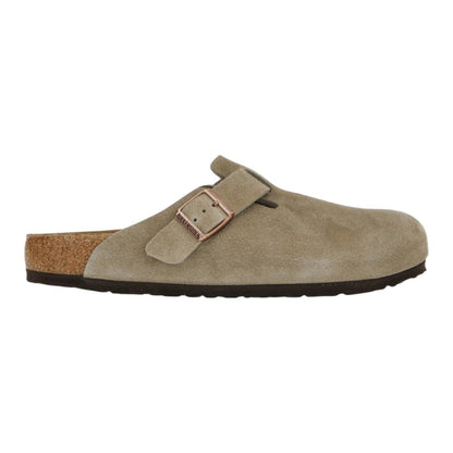 Luxurykicks.store Birkenstock Boston clog in taupe suede with an adjustable strap and cork-latex footbed.