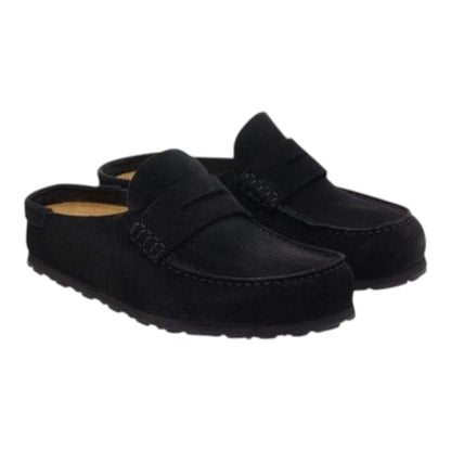 Luxurykicks.store Birkenstock Naples Wrapped slip-on loafers in black suede with a contoured footbed.