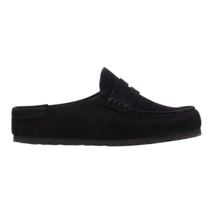 Luxurykicks.store Birkenstock Naples slip-on mule in black suede with signature contoured footbed and moc-toe detail.