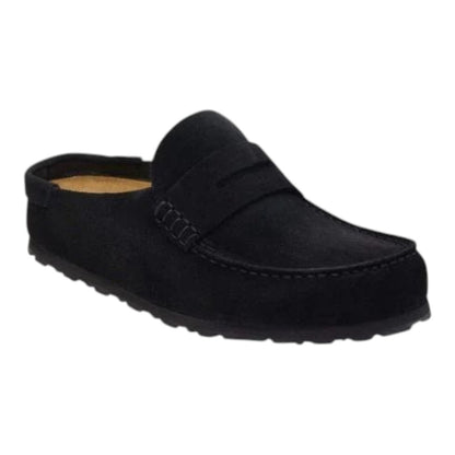 Luxurykicks.store Birkenstock Naples Wrapped black suede mule with signature contoured footbed and slip-on design.