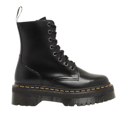 Luxurykicks.store black smooth leather Dr. Martens Jadon platform boots with signature yellow stitching and chunky sole