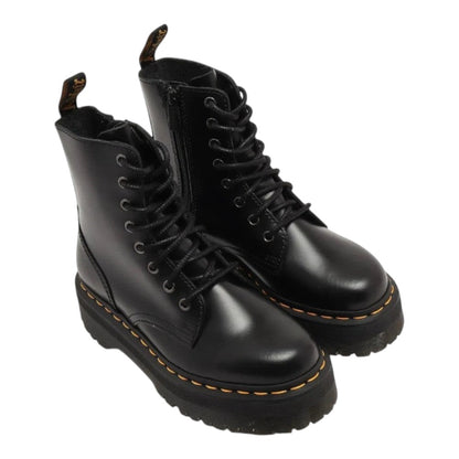 Luxurykicks.store Dr. Martens Jadon black smooth leather platform boots with signature yellow stitching and side zip.