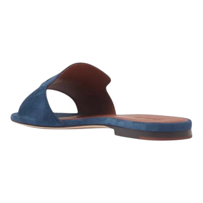 Luxurykicks.store Loro Piana blue suede slide sandals with signature knot detail and flat sole, side view