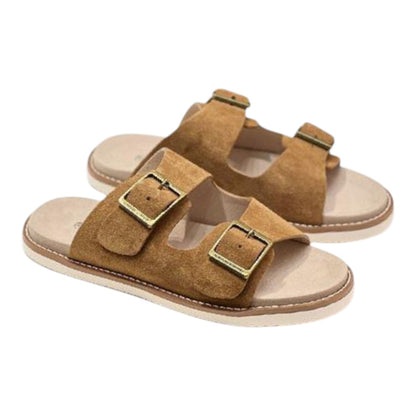Luxurykicks.store Brunello Cucinelli brown suede double-strap sandals with metallic buckles and flat soles