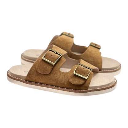 Luxurykicks.store Brunello Cucinelli brown suede double-strap sandals with antique brass buckles and flat soles.