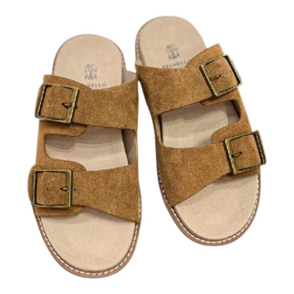 Luxurykicks.store Brunello Cucinelli brown suede double-strap sandals with antique brass buckles and leather footbed.