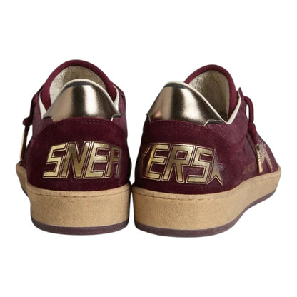 Luxurykicks.store Golden Goose Ball Star sneakers in burgundy suede with metallic gold heel and SNEAKERS back detail
