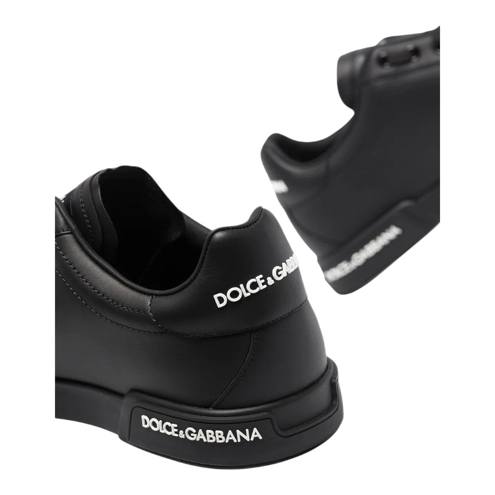Luxurykicks.store Dolce & Gabbana Portofino black leather low-top sneakers with white logo heel and midsole detail