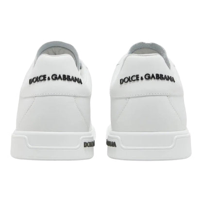 Luxurykicks.store Dolce & Gabbana Portofino white leather sneakers, rear view showing black logo heel branding.