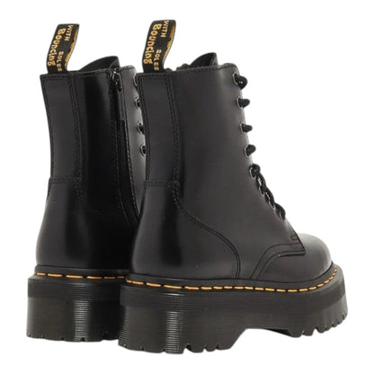 Luxurykicks.store Dr. Martens Jadon black smooth leather platform boots showing back view with yellow stitching