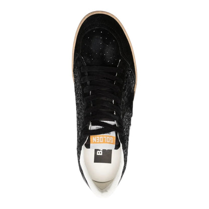 Luxurykicks.store Golden Goose Ball Star black glitter sneaker with distressed leather and rubber toe cap