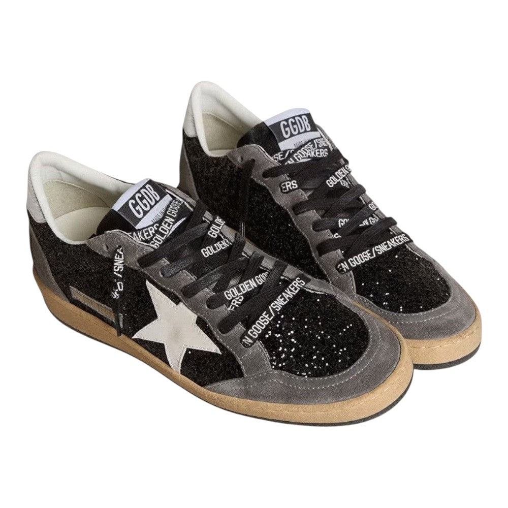 Luxurykicks.store Golden Goose Ball Star sneakers in black glitter with a white leather star and branded laces