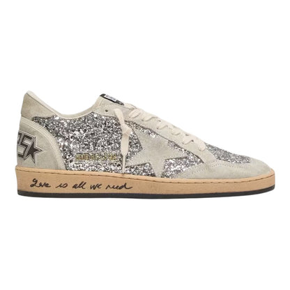 Luxurykicks.store Golden Goose Ball Star sneakers in silver glitter and ice-gray suede with distressed sole detail