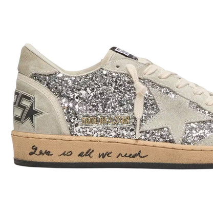 Luxurykicks.store Golden Goose Ball Star sneakers in silver glitter and ice-gray suede with distressed sole detail