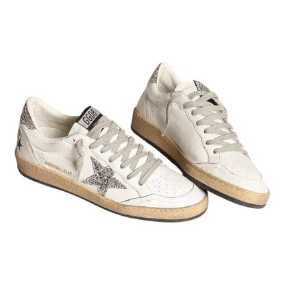 Luxurykicks.store Golden Goose Ball Star sneakers in white leather with silver glitter star and distressed details.