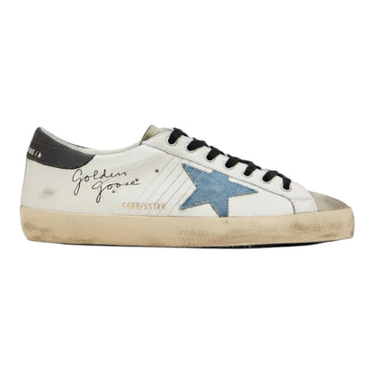 Luxurykicks.store Golden Goose Super-Star white leather sneaker with light blue suede star and distressed finish