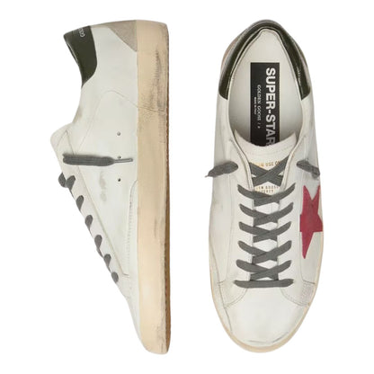 Luxurykicks.store Golden Goose Super-Star sneakers in white leather with a red suede star and distressed sole